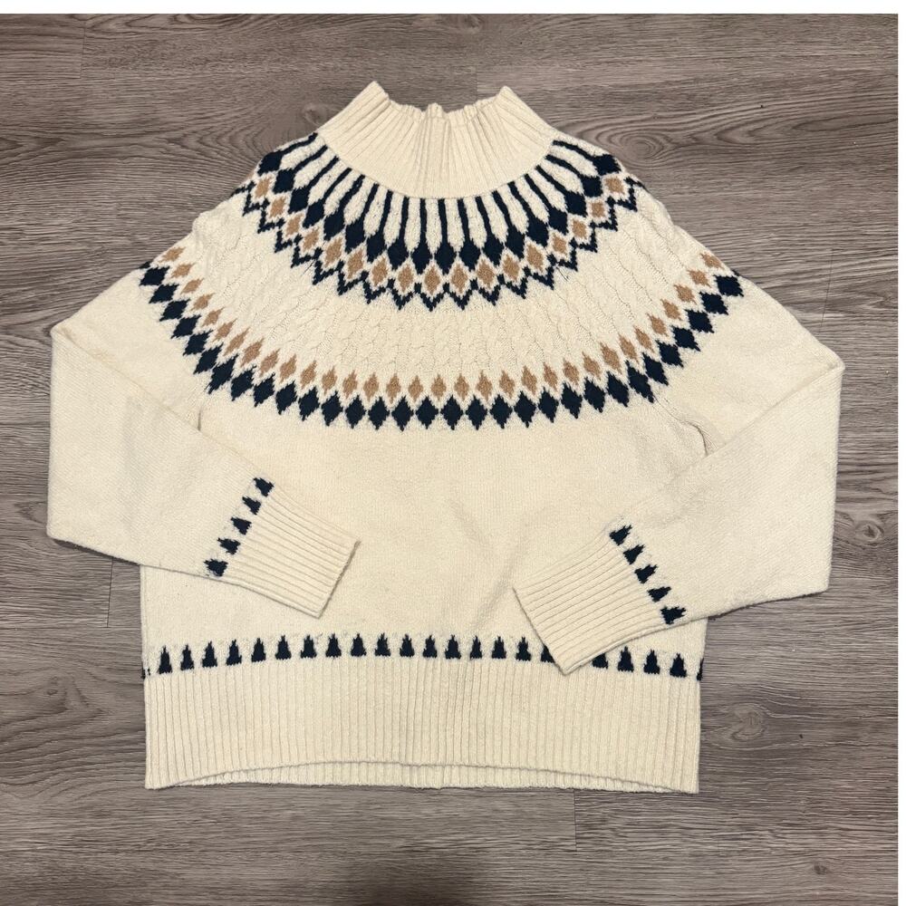 Artelier Nicole Miller Fair Isle Mock Neck Sweater Cream Black Nordic Large Soft - Picture 2 of 7